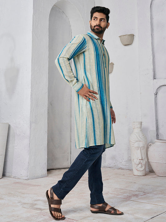 Striped Shirt Collar Pure Cotton Straight Kurta