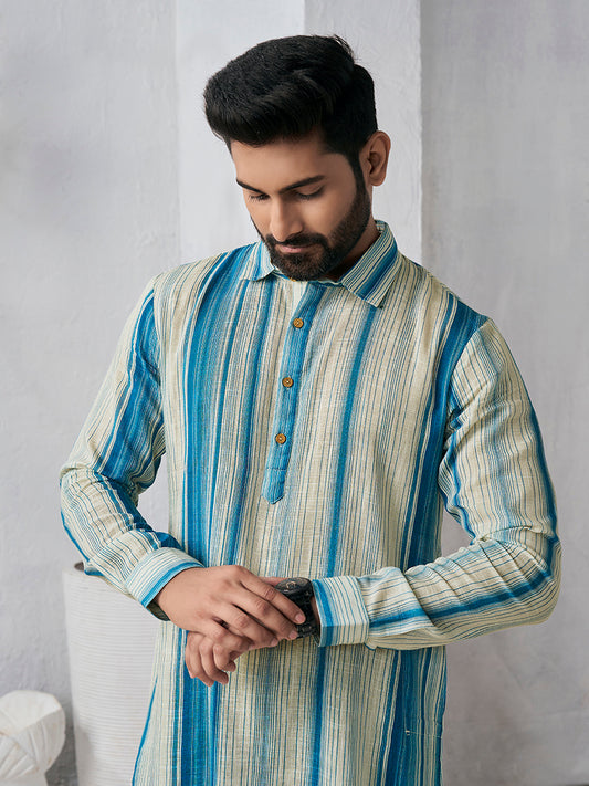 Striped Shirt Collar Pure Cotton Straight Kurta