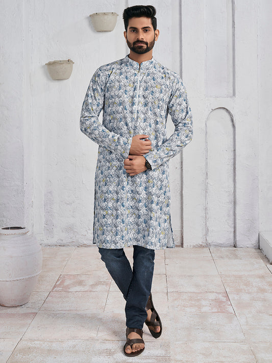 Geometric Embroidered Chikankari Mandarin Collar Pure Cotton Straight Kurta