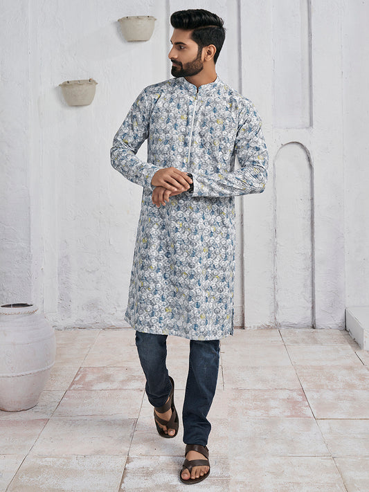 Geometric Embroidered Chikankari Mandarin Collar Pure Cotton Straight Kurta