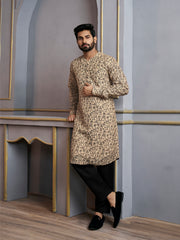 Floral Printed Mandarin Collar Jute Silk Straight Kurta