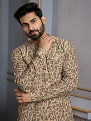 Floral Printed Mandarin Collar Jute Silk Straight Kurta