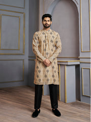 Ethnic Motifs Printed Mandarin Collar Jute Silk Straight Kurta