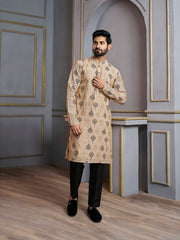 Ethnic Motifs Printed Mandarin Collar Jute Silk Straight Kurta