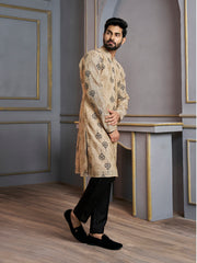 Ethnic Motifs Printed Mandarin Collar Jute Silk Straight Kurta