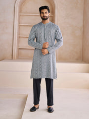 Ethnic Motifs Printed Mandarin Collar Cotton Jacquard Straight Kurta