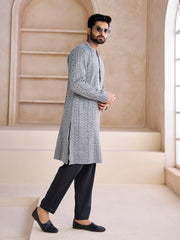 Ethnic Motifs Printed Mandarin Collar Cotton Jacquard Straight Kurta