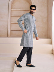 Ethnic Motifs Printed Mandarin Collar Cotton Jacquard Straight Kurta