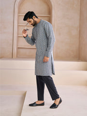 Ethnic Motifs Printed Mandarin Collar Cotton Jacquard Straight Kurta