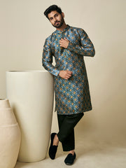 Geometric Printed Sequinned Mandarin Collar Straight Kurta