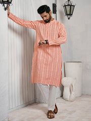 Striped Mandarin Collar Cotton Jacquard Straight Kurta