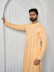 Striped Mandarin Collar Cotton Jacquard Straight Kurta