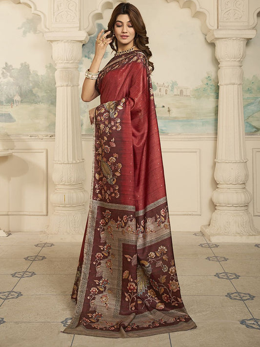 Maroon And Beige Floral Woven Design Zari Saree