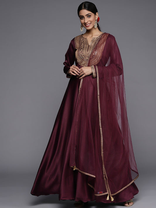 Women Burgundy Yoke Design Satin Anarkali Kurta