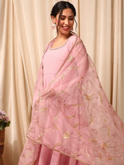 Women Pink Floral Layered Sequinned Kurta with Trousers & With Dupatta