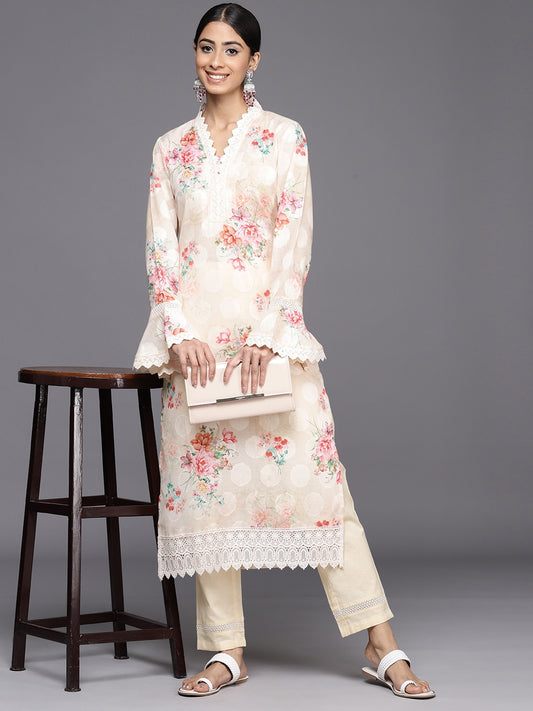 Women Yellow Floral Printed Regular Chikankari Kurta with Trousers