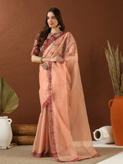 Peach Embroidered Organza Saree