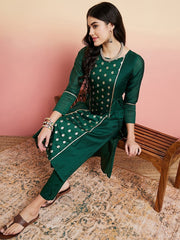 Green Women Ethnic Motifs Regular Chanderi Cotton Kurta with Trousers