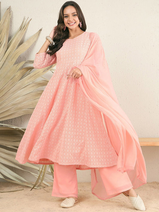 Peach Women Embroidered Regular Thread Work Kurta with Palazzos & With Dupatta