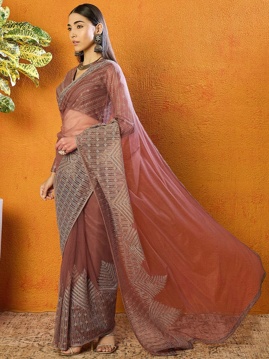 Brown Floral Net Embroidered Saree