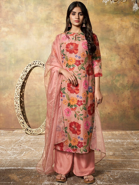 Floral Printed Regular Thread Work Kurta with Palazzos & With Dupatta