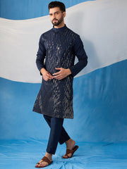 Geometric Embroidered Sequinned Mandarin Collar Stright Kurta With Trousers