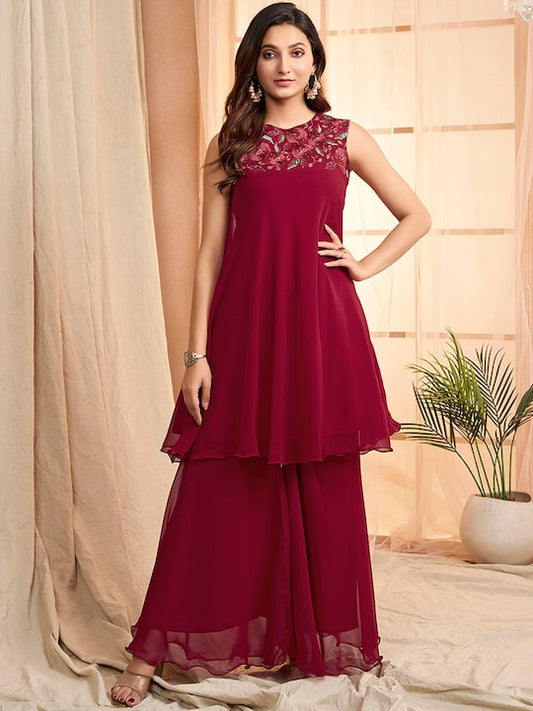 Maroon Floral Embroidered Regular Thread Work Kurta with Palazzos