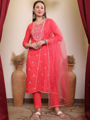 Pink Thread Embroidered Round Neck Kurta With Trousers & Dupatta