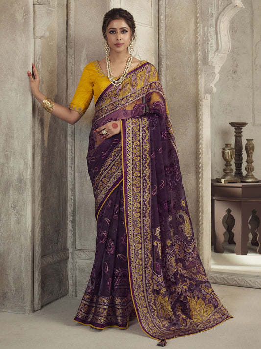 Purple Weaving Pattern Saree In Brasso With Blouse