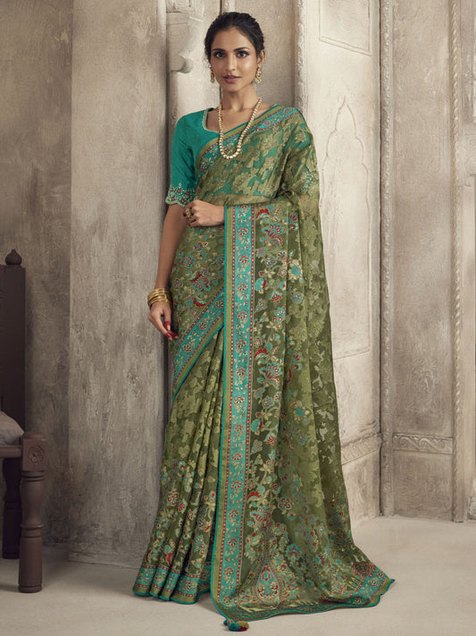 Dusty Green Woven Organza Brasso Saree