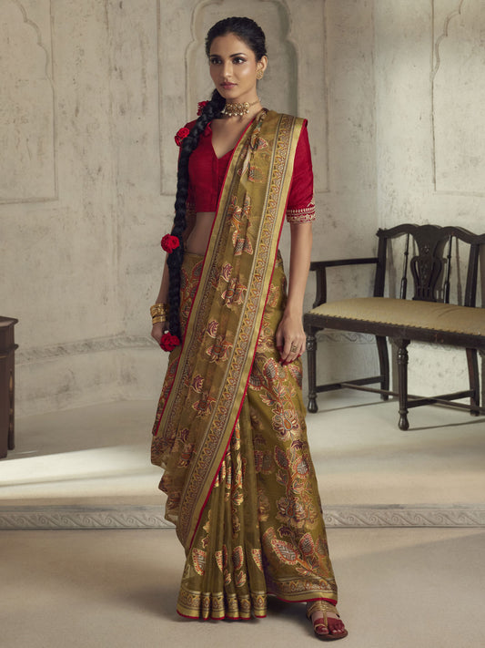 Mustard Yellow Woven Organza Brasso Saree