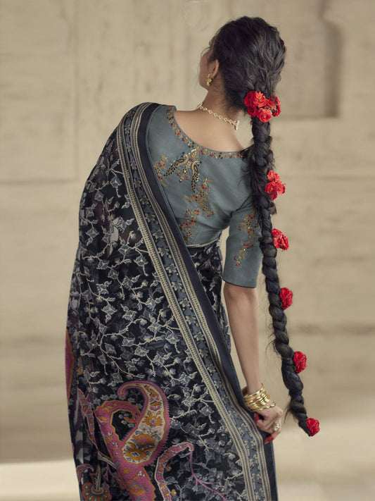 Charcoal Black Woven Organza Brasso Saree