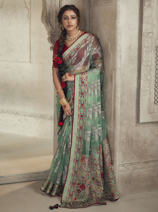 Sea Green Woven Organza Brasso Saree