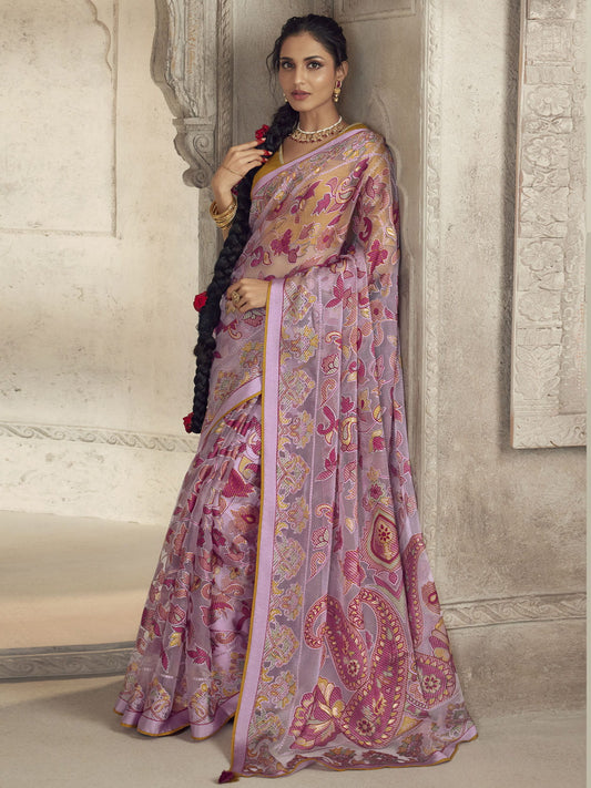 Rose Pink Woven Organza Brasso Saree