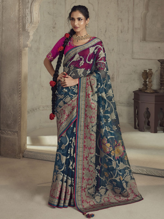 Peacock Blue Woven Organza Brasso Saree