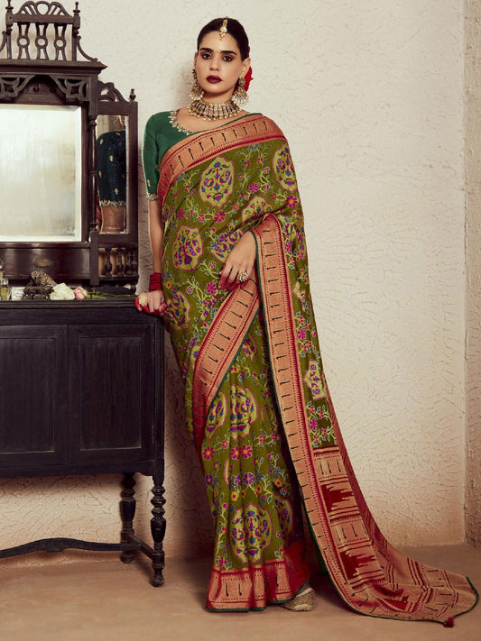 Olive Green Weaving Festive Wear Soft Brasso Saree