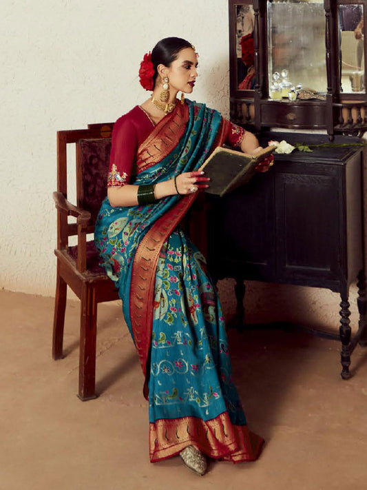 Peacock Blue Weaving Festive Wear Soft Brasso Saree