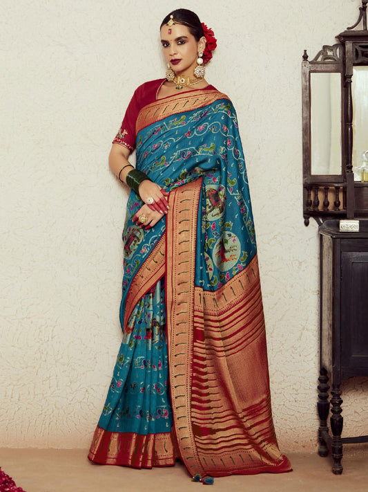 Peacock Blue Weaving Festive Wear Soft Brasso Saree