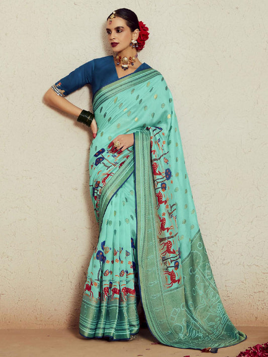 Turquoise Weaving Festive Wear Soft Brasso Saree