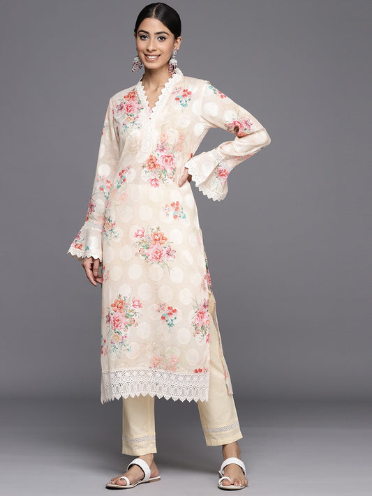 Women Yellow Floral Printed Regular Chikankari Kurta with Trousers