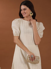 Off White Ethnic Motifs Embroidered Puffed Sleeves Thread Work A-Line Kurta with Palazzos