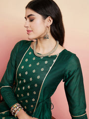 Green Women Ethnic Motifs Regular Chanderi Cotton Kurta with Trousers