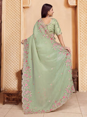 Green And Pink Ethnic Motif Embroidered Sequinned Saree