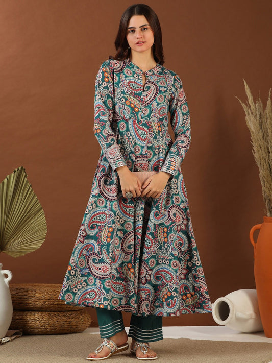 Green Paisley Printed Empire Gotta Patti Kurta With Palazzo