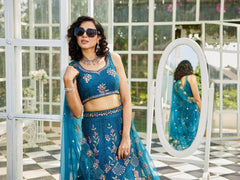 Navy Blue net with Coding and Zarkan embroidery Semi-Stitched Lehenga choli & Dupatta