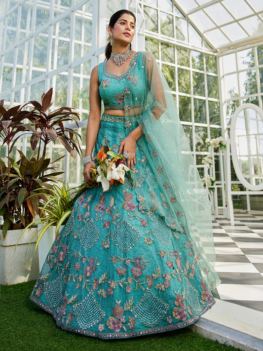 Firozi net with Coding and Zarkan embroidery Semi-Stitched Lehenga choli & Dupatta