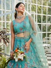 Firozi net with Coding and Zarkan embroidery Semi-Stitched Lehenga choli & Dupatta