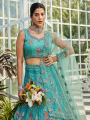 Firozi net with Coding and Zarkan embroidery Semi-Stitched Lehenga choli & Dupatta