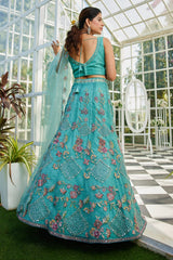 Firozi net with Coding and Zarkan embroidery Semi-Stitched Lehenga choli & Dupatta