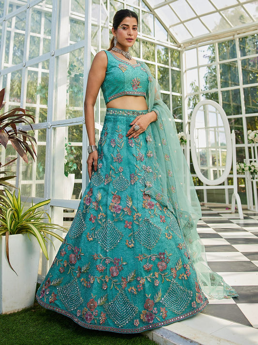 Firozi net with Coding and Zarkan embroidery Semi-Stitched Lehenga choli & Dupatta